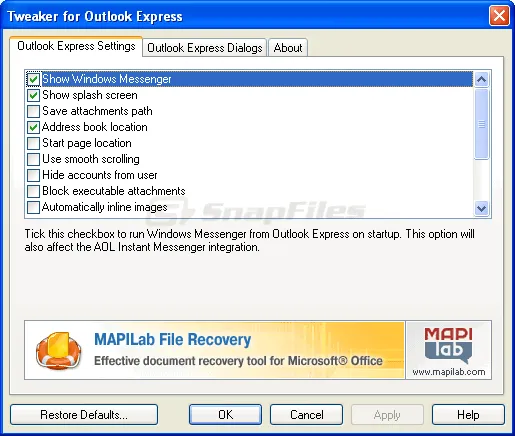Tweaker for Outlook Express Captura de pantalla 1