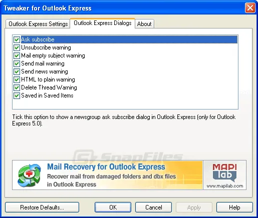 Tweaker for Outlook Express Captura de pantalla 2