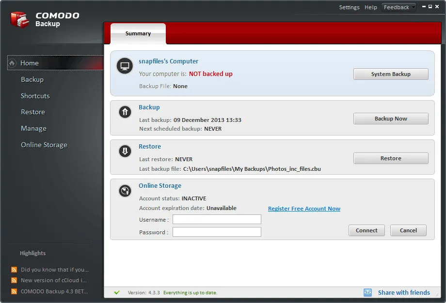 Comodo Backup Captura de pantalla 1