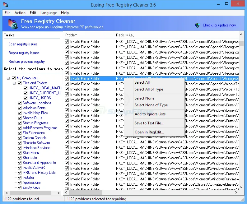 Eusing Free Registry Cleaner Captura de pantalla 1