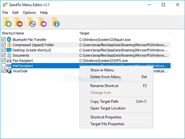 SendTo Menu Editor Captura de pantalla 1