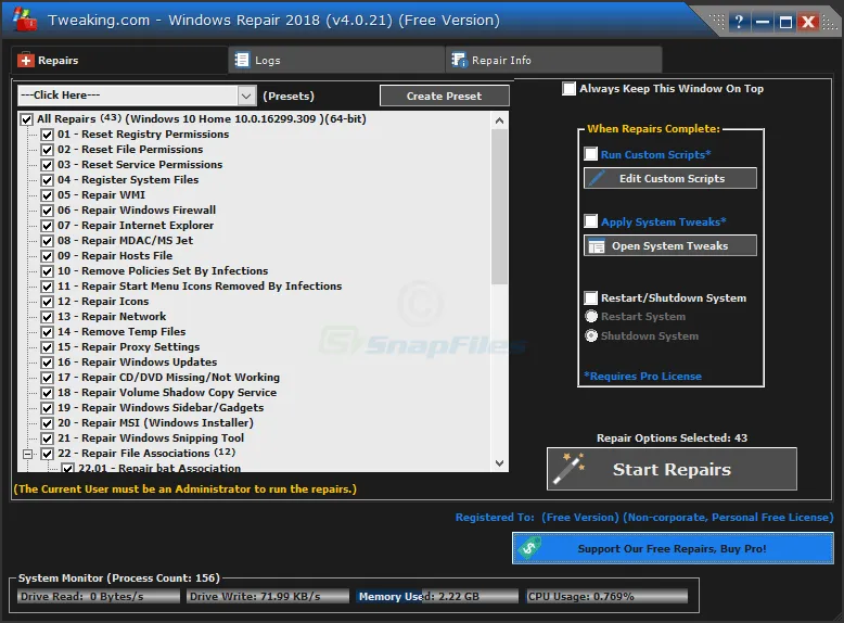 Tweaking.com Windows Repair Captura de pantalla 1